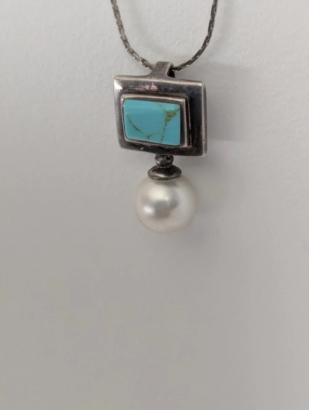 Sterling Turquoise & Pearl Pendant Necklace 925 - Picture 3 of 7